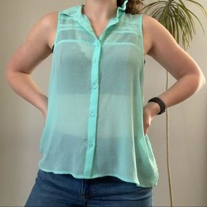 American Eagle teal sleeveless sheer button top
